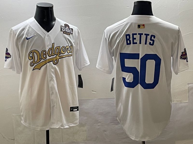 Men Los Angeles Dodgers 50 Betts White Champion gold character 2025 Nike MLB Jersey style 3313